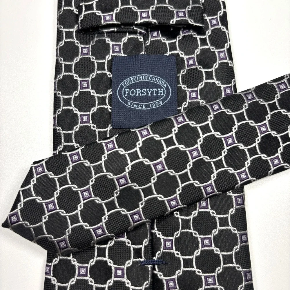 FORSYTH of Canada Mens Luxury Tie Black & Silver Geometric Foulard Silk Repp